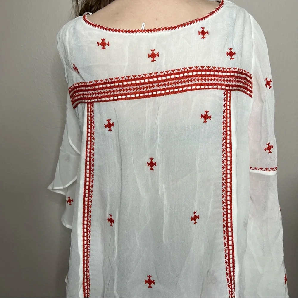 Floreat White Long Flared Sleeve Top with Red Embroidery - Picture 5 of 8